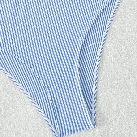 Blue and White Boho Womens Swim Summer Beach Striped Ruffle Trim Bikini Swimsuit - Picture 5 of 6